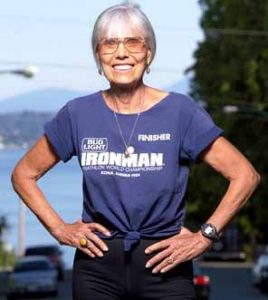 Veteran runner, Ruth Heidrich, poses at an Ironman Triathlon 